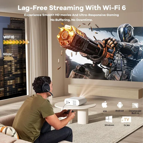 Vista 8 de Proyector para exteriores incorporado Google TV, proyector inteligente con tapa de lente automática Sovboi 4K Support, WiFi 6 & Bluetooth, AI Auto