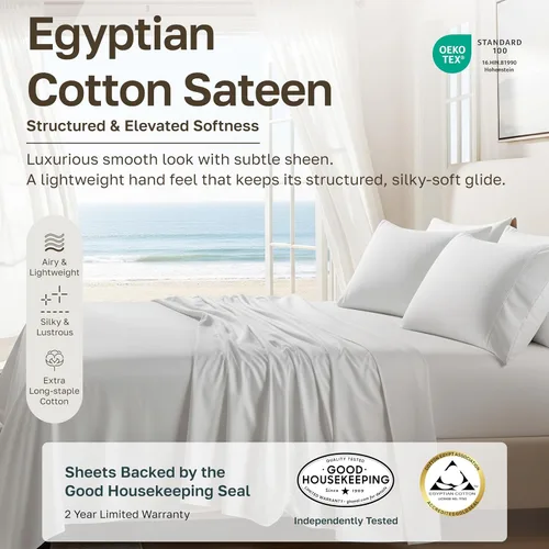 Vista 10 de California Design Den Sábanas de Algodón Egipcio 100%, Juego de Sábanas de Lujo Auténtico Certificado Tamaño Full con Bolsillo Profundo, Satén Suave