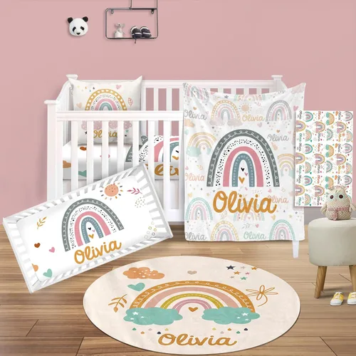 Vista 20 de Juego de ropa de cama para cuna de bebé, 5 piezas, diseño de bolas y arco iris, manta de bebé con nombre personalizado, sábana bajera para cuna