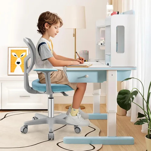 Vista 2 de GLACER Silla de escritorio para niños, silla de estudio giratoria de malla ajustable con ruedas, brazos, silla ergonómica para computadora con Azul