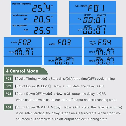 Vista 4 de Controlador de temperatura digital retroiluminado, pantalla LCD, termostato de refrigeración de calefacción, enchufe de salida con sensor regulador