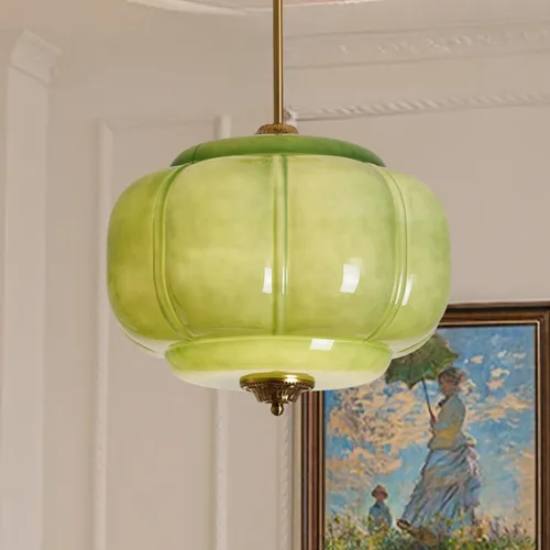 Vista 4 de Lámpara de techo de cristal de leche verde, lámpara colgante de calabaza vintage de 15 pulgadas con accesorio de latón antiguo, lámpara colgante