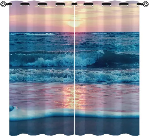 Vista 9 de Cortinas opacas de arena para niñas y niños, decoración del hogar, vacaciones, playa, agua azul, puesta de sol, nubes, ojales, aislamiento térmico