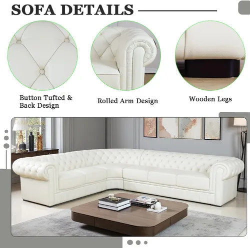 Vista 3 de A Ainehome Chesterfield Sofá modular de cuero auténtico, sofá en forma de L, juegos de muebles de sala de estar, sofás Chesterfield con diseño