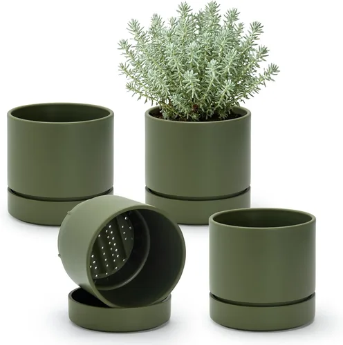 Vista 37 de Phoenix Vine 4 Inch Planter Pot with Drainage Hole & Saucer, Deep Water Catch Tray, Straight Cylindrical Round Pot for Plants, Olive, Pack of 1
