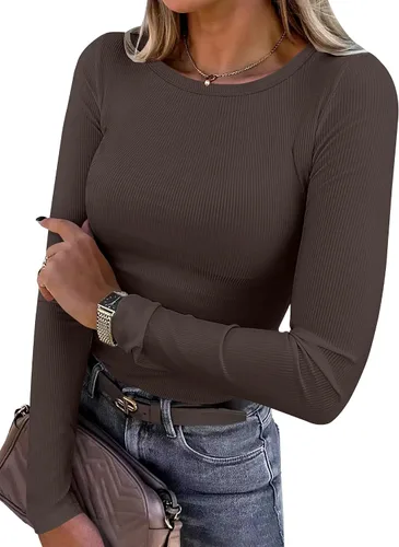 Vista 44 de ANRABESS - Camisetas de manga larga para mujer, de punto acanalado, ajustadas, básicas, 2025, informales, para usar a capas o debajo del uniforme