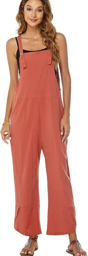 Vista 2 de Flygo Overol casual de algodón de pierna ancha para mujer, overol holgado con bolsillos
