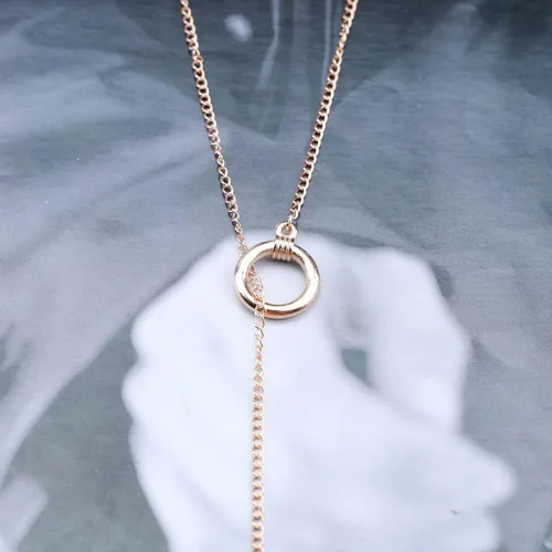 Vista 4 de Collar bohemio con perlas en Y de oro, círculo abierto en Y, Lariat, minimalista, cadena de gota de perlas, collar largo de círculo de karma