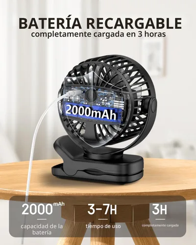 Vista 4 de TUNISE Mini ventilador con clip, ventilador de escritorio a pilas, pantalla digital, 3 velocidades ajustables, bidireccional ajustable de 360 °