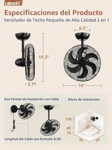 Vista 6 de LEDIARY Ventilador pequeño de montaje en pared de 16 pulgadas y control Negro