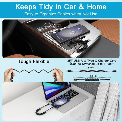 Vista 3 de Cable USB C para Android Auto Samsung de carga rápida para automóvil, paquete de 2 cables C en espiral de 3 pies, cable retráctil USB tipo C a USB A