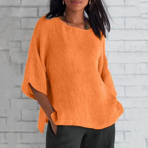 Vista 2 de DASAYO Camisa de cuello redondo para mujer, de algodón, lino, color liso, casual, cómoda, holgada, para salir, ropa de verano