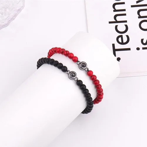 Vista 2 de XAOUS I Love You - Pulseras para parejas con proyección en 100 idiomas, cristal curativo, ágata negra, turquesa blanca, pulseras a juego para novio