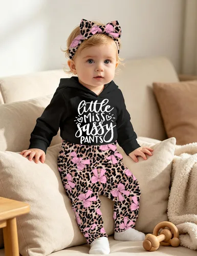 Vista 4 de KANGKANG Conjunto de sudadera con capucha y pantalones de manga larga para bebé recién nacida, para otoño e invierno Blace- Leopardo- Arco