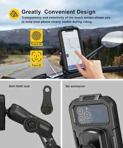 Vista 4 de iMESTOU Soporte de teléfono para motocicleta, resistente al agua, antirrobo, brazos de doble zócalo, base de aluminio para manillar/espejo