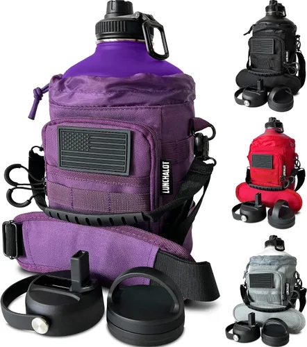 Vista 11 de Botella de agua de 1 galón, botella de agua de metal de acero inoxidable aislada de 128 onzas con soporte, bolsa de transporte, asa de boquilla Negro