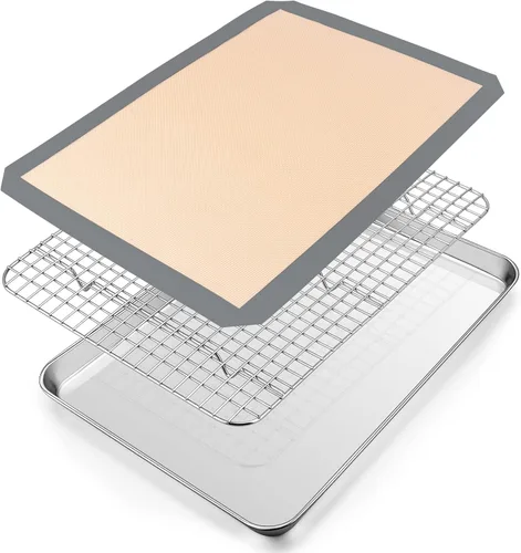 Vista 8 de P&P CHEF Bandeja para horno tostador de 9 x 7 x 1 pulgadas con rejilla y alfombrilla de silicona, bandeja para horno tostador de acero inoxidable