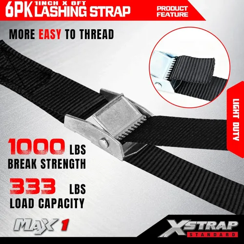 Vista 5 de Xstrap correas de amarre con trinquete (6 unidades, 8 pies 1-pulgada), Negro, XS16006 1000 lb Break Strength 1-inch Powersports Tie Down with