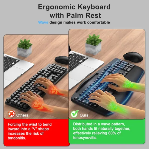 Vista 2 de Combo de teclado y mouse inalámbricos, teclas onduladas de tamaño completo 2.4G, teclado ergonómico con reposamuñecas, soporte para teléfono, mouse