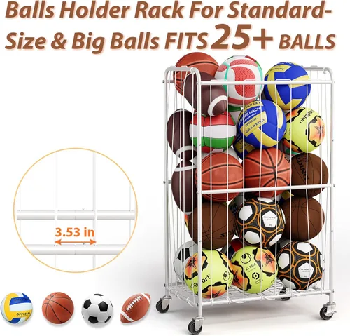 Vista 4 de YKDIRECT Organizador de bolas rodantes de 250L con ruedas de bloqueo, cesta de almacenamiento grande para baloncesto, fútbol, fútbol, voleibol