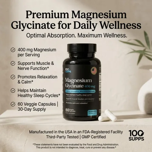 Vista 8 de Glicinato de magnesio 400 mg – 60 cápsulas Suministro para 30 días Magnesio quelado para apoyo muscular, nervioso y sueño Vegano, sin gluten