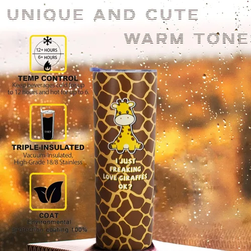 Vista 2 de Vaso de jirafa con tapa y pajita, regalos únicos para mujeres, hombres y niñas, bonita taza delgada para agua, taza de café, con aislamiento térmico
