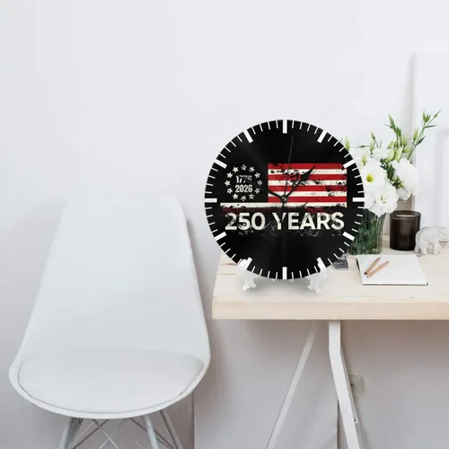 Vista 5 de Reloj de pared redondo de 250 años de aniversario, silencioso, sin tictac, funciona con pilas, retro con bandera de Estados Unidos, relojes