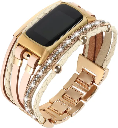 Vista 8 de Leather Bands Compatible with Fitbit Charge 6/Charge 5 Bands for Women, Boho Handmade Multilayer Wrap Bracelets Jewelry Strap Replacement for Charge