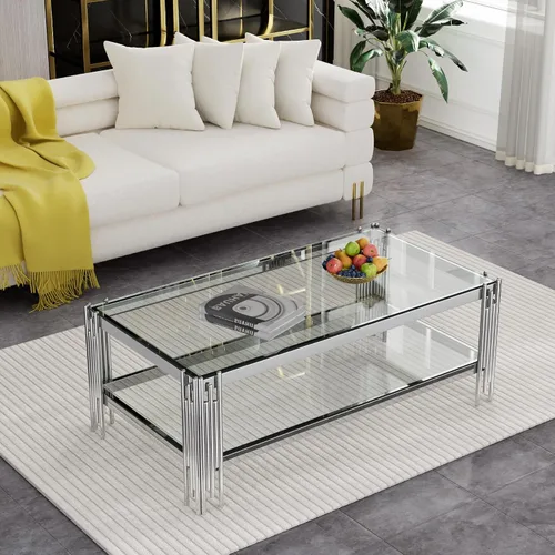 Vista 33 de Mesa auxiliar rectangular de vidrio de 48 pulgadas, mesa de centro de 2 niveles con parte superior de vidrio templado negro, patas de acero