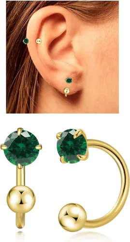 Vista 18 de Aretes Huggie de medio aro para mujeres y niñas, pequeños aretes de cartílago, aretes de botón con piedra natal para mujeres, aretes de botón