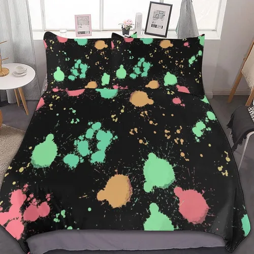 Vista 38 de Juego de 3 piezas de edredón neón que brilla en la oscuridad, funda de almohada de microfibra con cremallera para cama matrimonial, Queen
