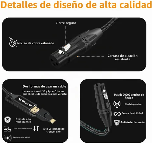 Vista 3 de HOSONGIN Cable XLR a USB C de 3.3 pies, Cable de grabación profesional 2-en-1 XLR hembra a (USB tipo A + C) para micrófonos a teléfono/tableta/PC