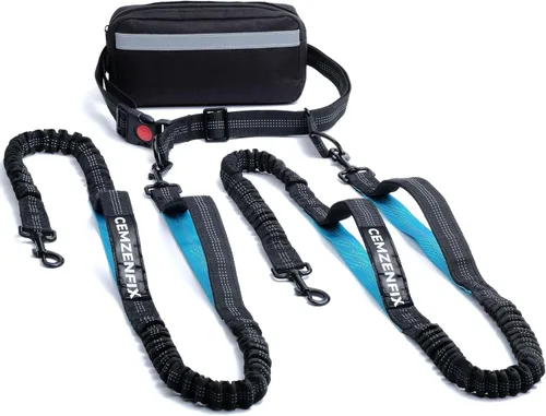 Vista 13 de Correa de perro manos libres con cinturón – Bungee sin tirones, asas acolchadas dobles y bolsa con cremallera para correr, caminar y entrenar