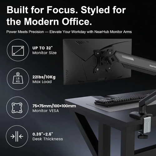 Vista 2 de NearHub Brazo de montaje para monitor único para pantallas de 13-32" hasta 22 libras VESA 75x75/100x100 Base de abrazadera/ojal Organización