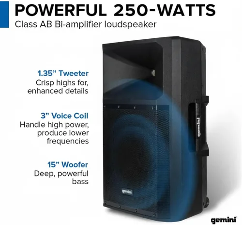 Vista 2 de Gemini - Altavoz PA alimentado de 15 pulgadas, altavoz PA Bluetooth de 2200 W con mezclador, entradas XLR, altavoces DJ activos para fiestas
