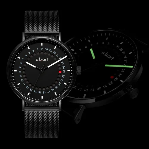 Vista 7 de a.b.art Reloj de cuarzo para hombre, movimiento Ronda con piezas suizas, cristal de zafiro, correa de malla milanesa, diseño ultrafino, esfera negra