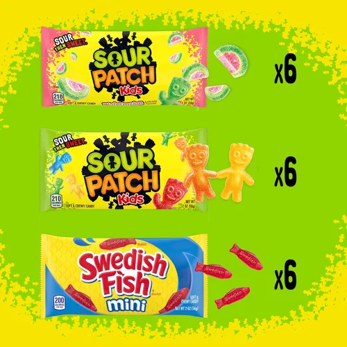 Vista 4 de SOUR PATCH KIDS and SWEDISH FISH - Paquete variado de dulces suaves y masticables, caramelos a granel, 18 bolsas de 2 onzas