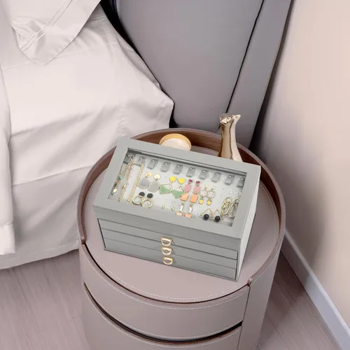 Vista 5 de ProCase Joyero para mujeres y niñas, caja organizadora de joyas grande de 4 capas con tapa de cristal, regalo de San Valentín, organizador de joyas