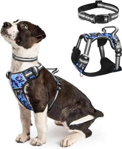Vista 12 de Arnés para perro sin tirones, arneses para mascotas con collar, chaleco Oxford reflectante y ajustable, hebillas delanteras y traseras para correa