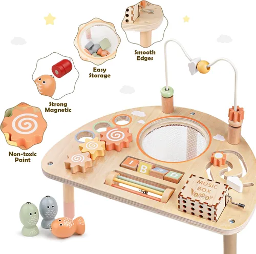 Vista 7 de Mesa de Actividad para Niños de 1 Año, Juguetes Montessori para Niñas y Niños de 1 a 2 Años, Regalos, Mesa de Juego Sensorial de Madera 8 en 1