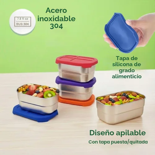 Vista 6 de Contenedores de acero inoxidable de 8 onzas con tapas de silicona, paquete de 4 recipientes de aperitivos de acero inoxidable, sin BPA