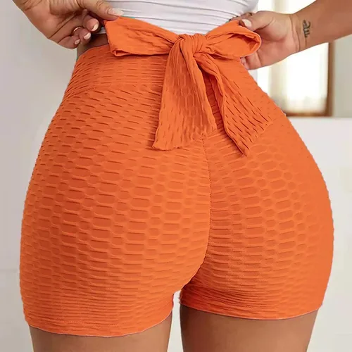 Vista 2 de Pantalones cortos sexys para mujer, pantalones cortos de cintura alta con lazo, leggings cortos con textura de burbujas para entrenamiento