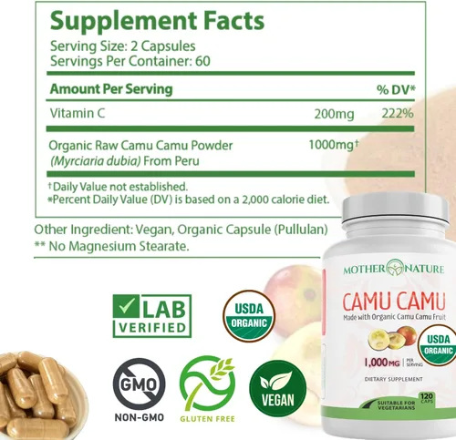Vista 4 de Cápsulas Mother Nature Organics Camu Berry – Repleto de vitamina C natural y antioxidantes crudos – Refuerzo inmunológico y antienvejecimiento