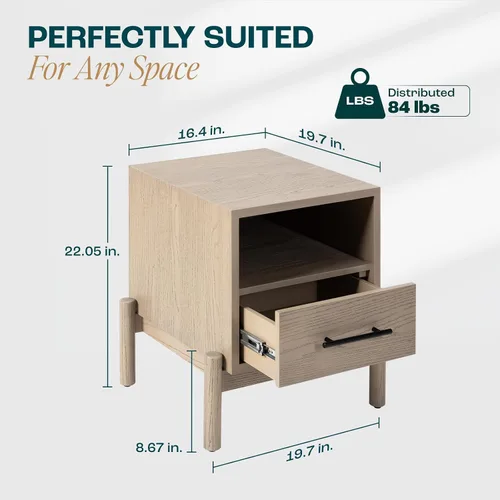 Vista 2 de Bme Lyra Mesita de noche, mesa auxiliar de madera maciza, fácil montaje, con 2 cajones de almacenamiento para sala de estar y dormitorio, moderna