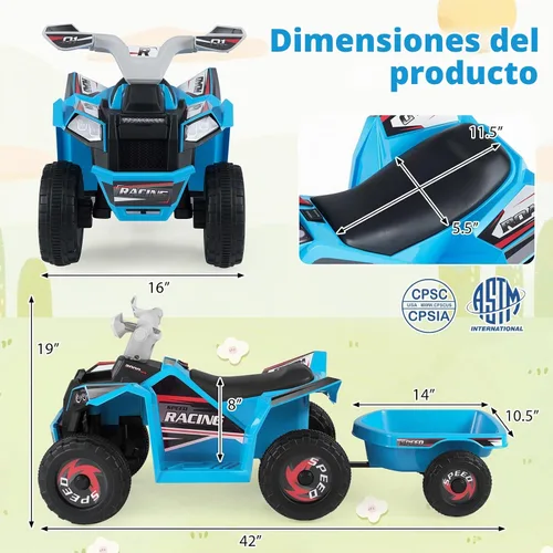 Vista 6 de Costzon Juguete ATV 2 en 1 6V para niños pequeños (con remolque, azul)