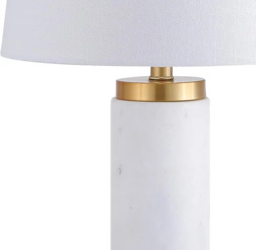 Vista 4 de JONATHAN Y Lámpara de mesa LED de mármol blanco/latón dorado de 23 pulgadas, lámpara de columna moderna contemporánea con pantalla de tambor de lino