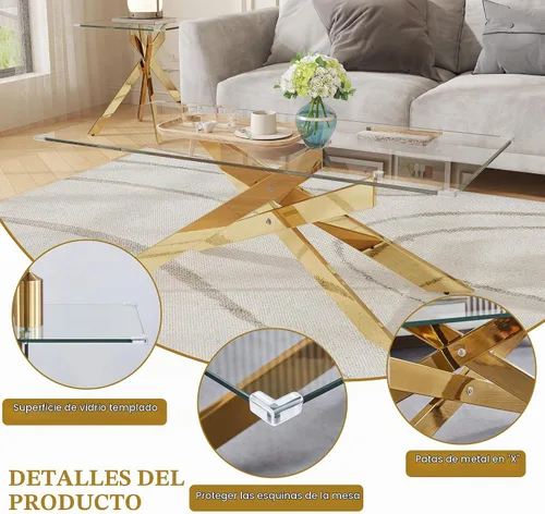 Vista 5 de Juego de mesa de sala de estar de 3 piezas, incluye 1 mesa auxiliar rectangular de vidrio con 2 mesas auxiliares cuadradas, juego de 3 mesas