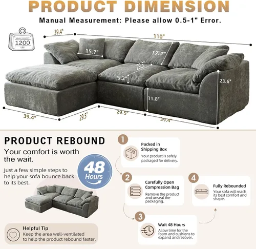 Vista 2 de Sofás modernos de nube de 109 pulgadas para sala de estar, sofá convertible en forma de L de asiento profundo sin huesos con otomana, sofá cómodo