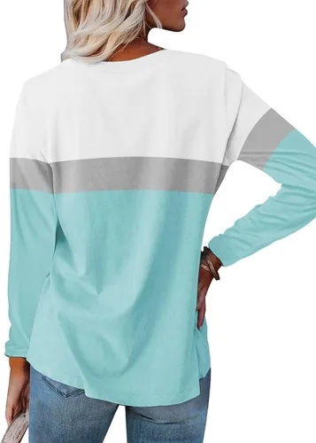 Vista 2 de Minetom Camisetas de manga larga con cuello en V para mujer, estilo casual, bloque de colorsólido, camisetas básicas