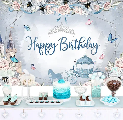 Vista 2 de Mocsicka Telón de fondo de cumpleaños de princesa azul, castillo floral, carruaje, corona plateada, mariposa, decoraciones de cumpleaños para niñas